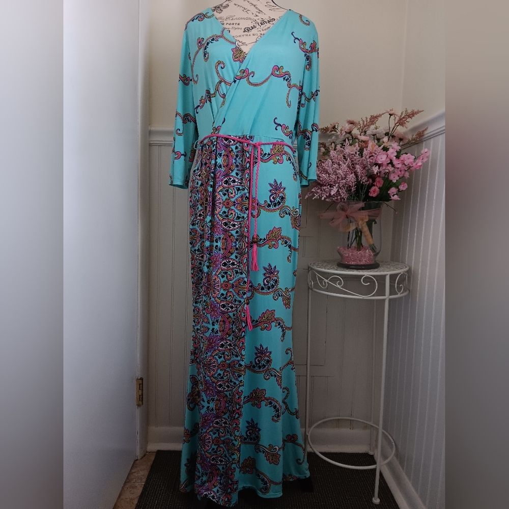 Auditions Turquoise Maxi Dress with Pink & Purple Paisley Print